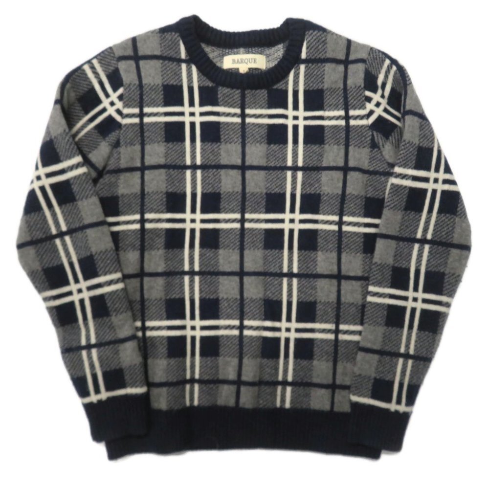 Barque‎ Sweater Mens Small Wool Blend Black Gray Plaid Check Crew Pullover